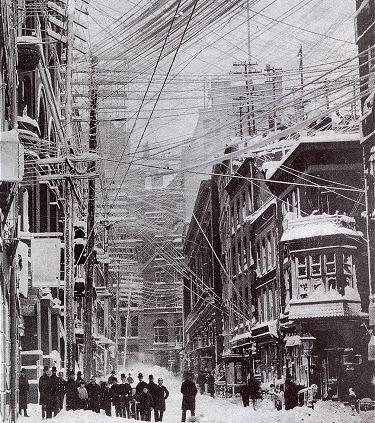 Overhead high voltage power lines in New York, 1888