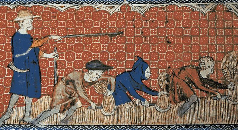 Peasants harvesting wheat, watched by the reeve
