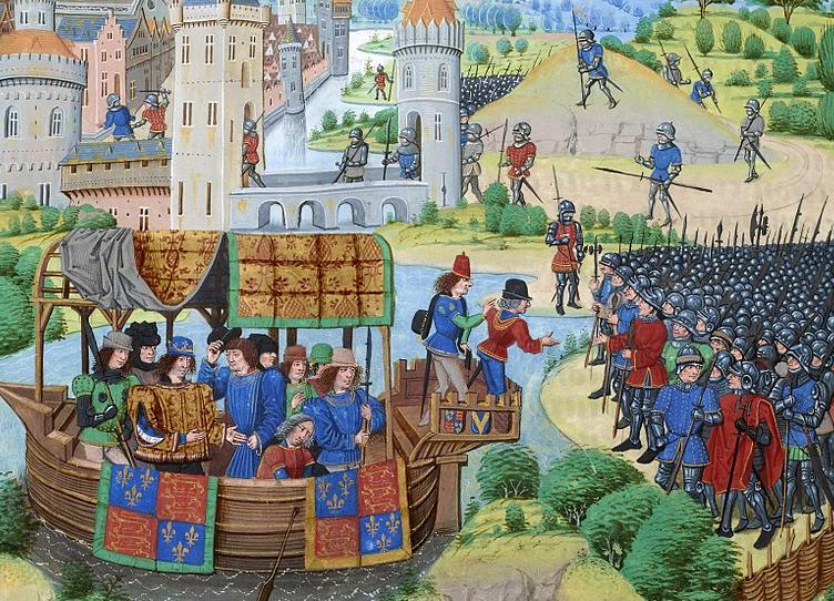 Richard, in his royal barge, attempts to meet the rebels