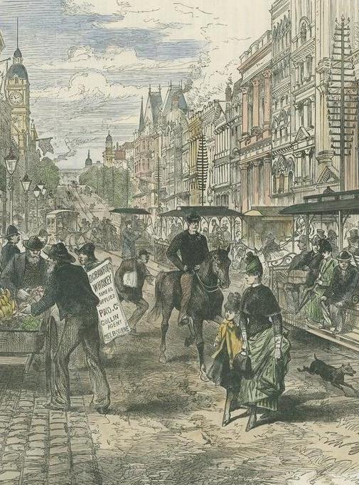 Spencer Street, Melbourne, 1889, with tram