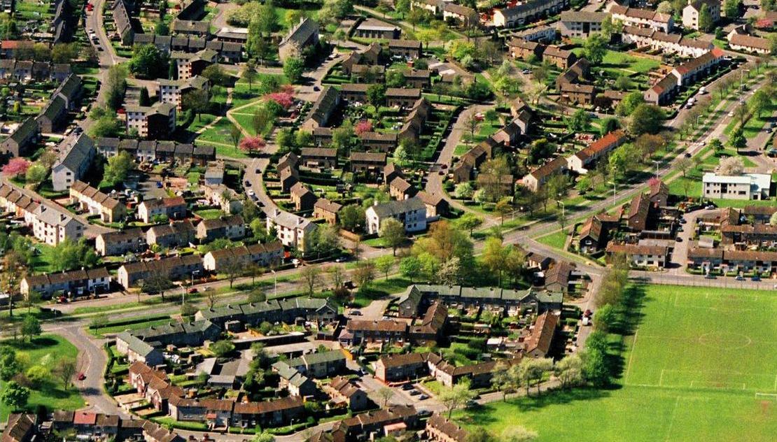Houses, roads and gardens in a town