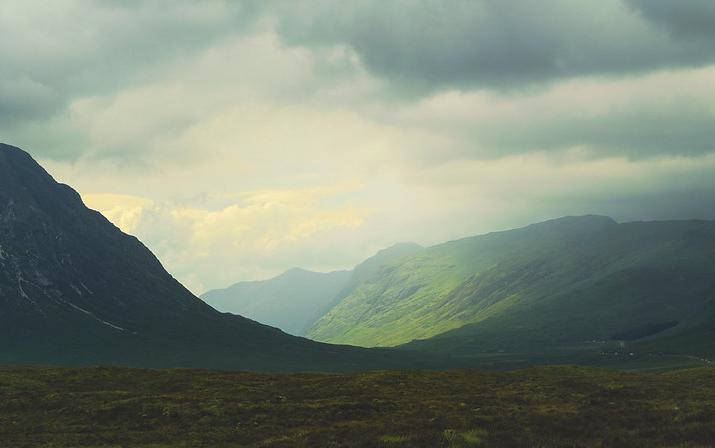 A valley carved by a glacier in the Scottish Highlands
