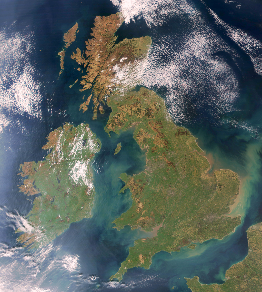 Satellite image of the British Isles (uplands are pale brown)