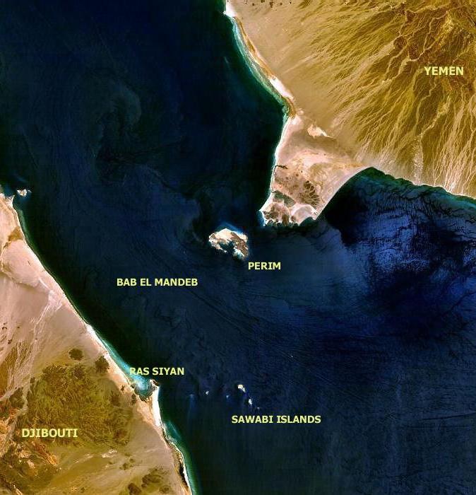 Narrow strait at the southern end of the Red Sea