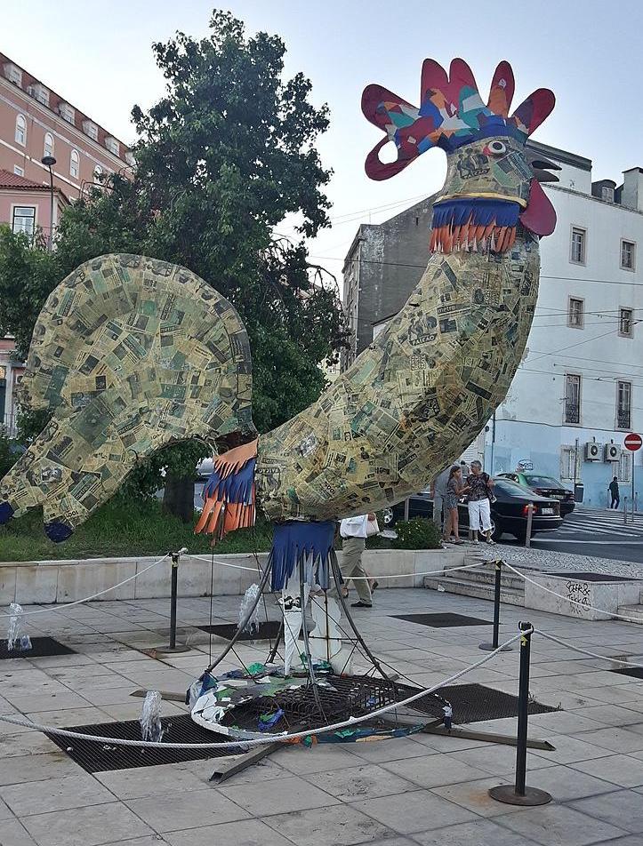 A giant papier-mâché rooster in Lisbon, Portugal