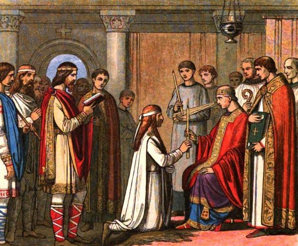 Guthrum, the Viking leader, is baptized by King Alfred