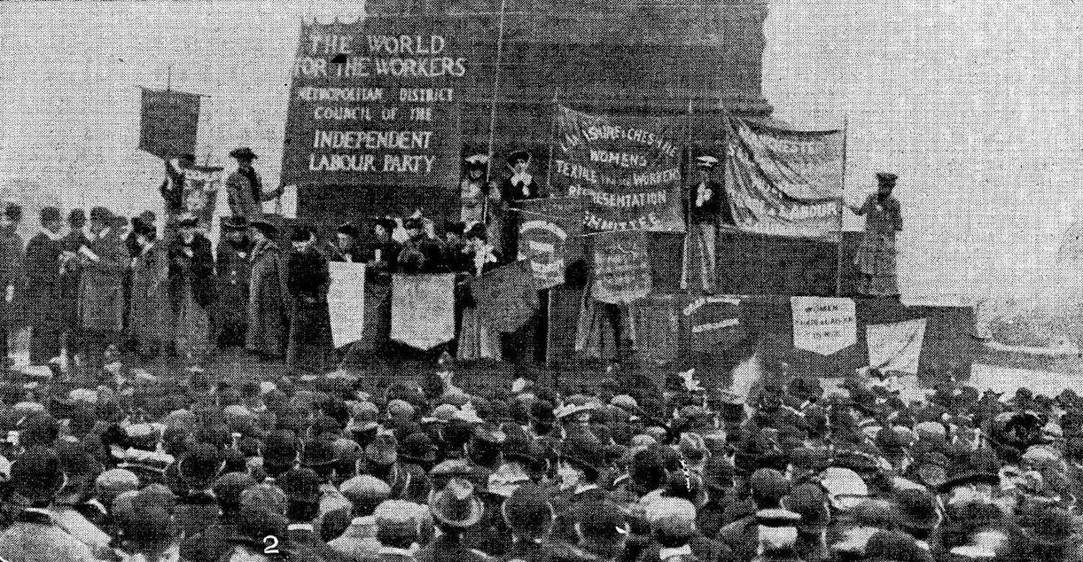 Peaceful protesters gather in Trafalgar Square, London, on the Mud March, 1907