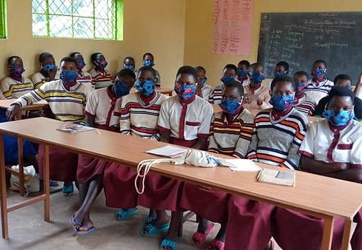 Students at school in Burundi wearing face masks