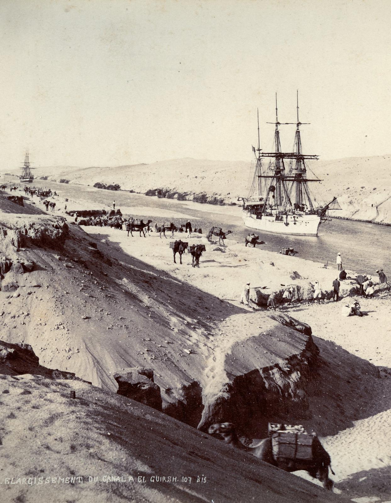 An 1880s photo showing a ship in the Suez Canal