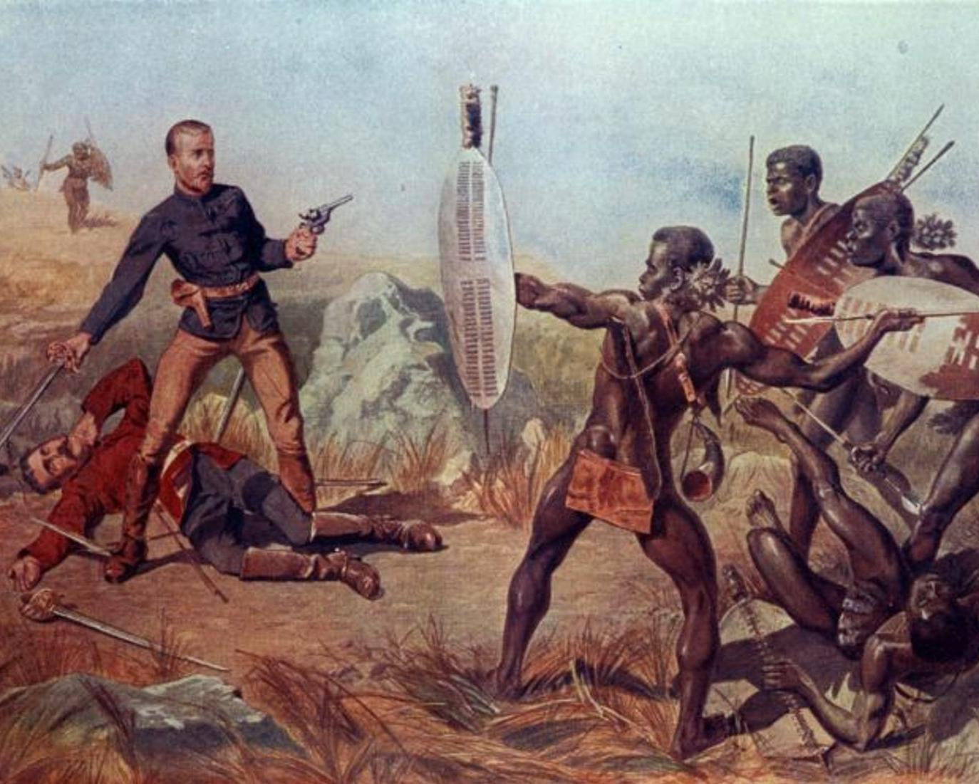 British soldiers in battle with Zulu impi at Isandlwana, 1879
