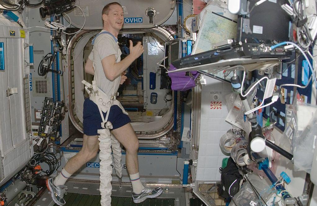Exercising on a treadmill on board the ISS