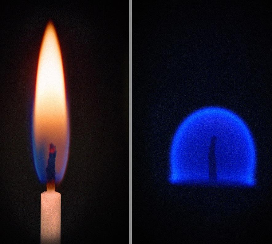 A candle on Earth (left) and inside the ISS (right)