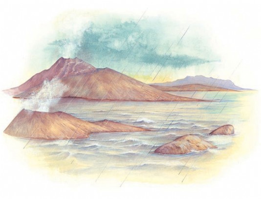 The first rains fall on Earth.