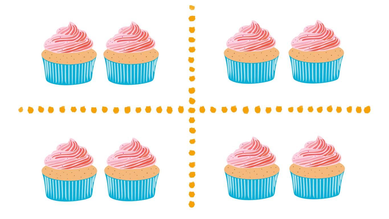 8 cakes divided into 4 equal groups. Each group has 2 cakes