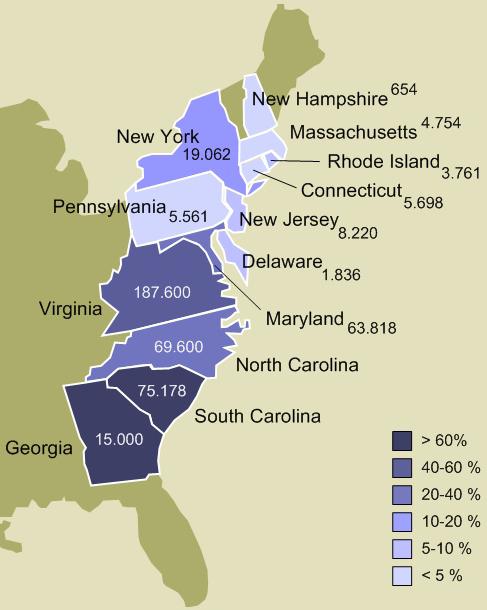 Enslaved populations in the Thirteen Colonies in 1770
