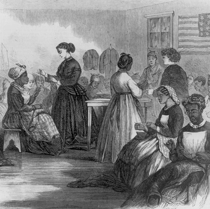 A sewing class for former slaves during Reconstruction