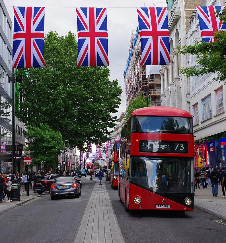 Oxford Street, London, decorated with Union Jacks