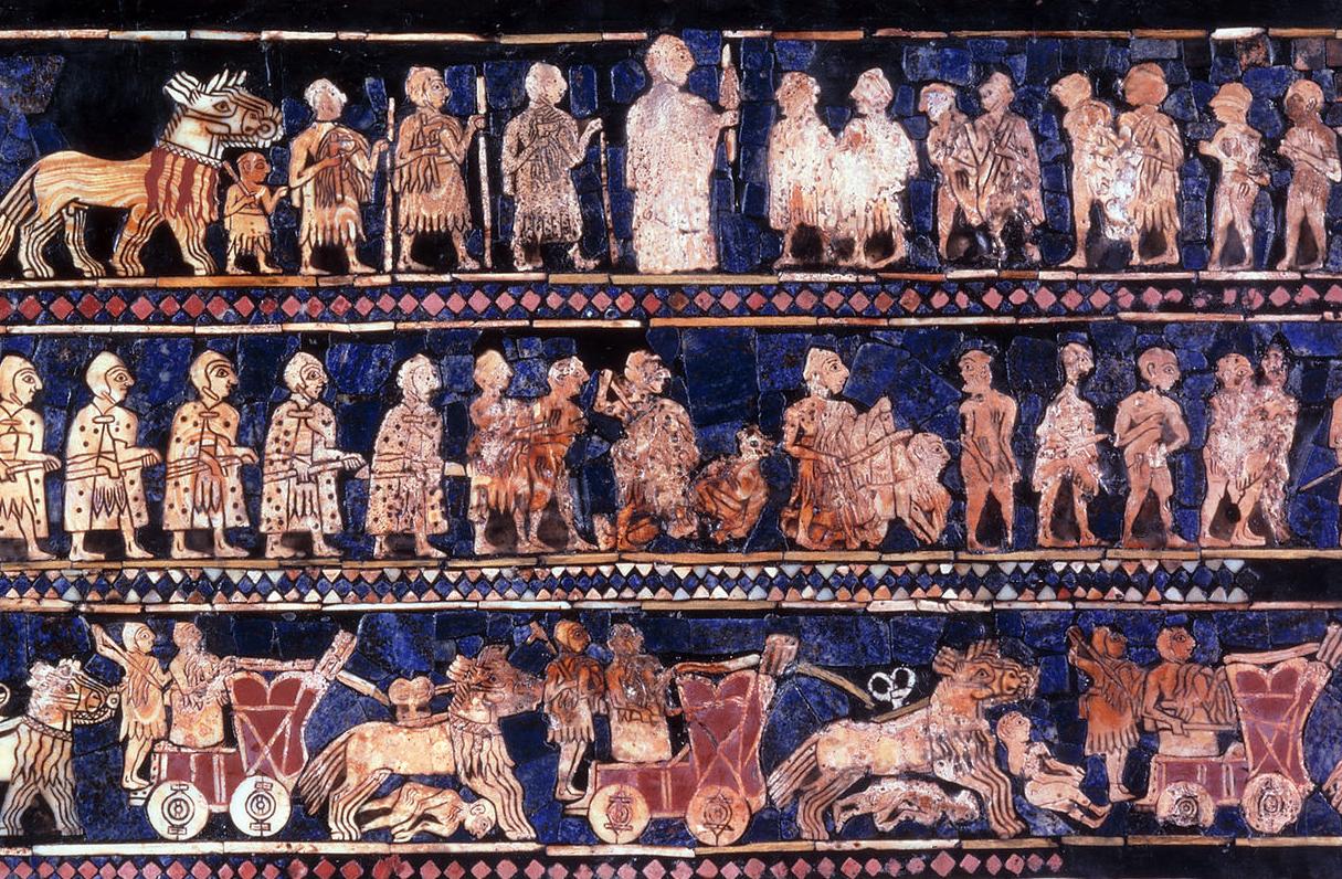 Sumerian king with prisoners, soldiers and wagons