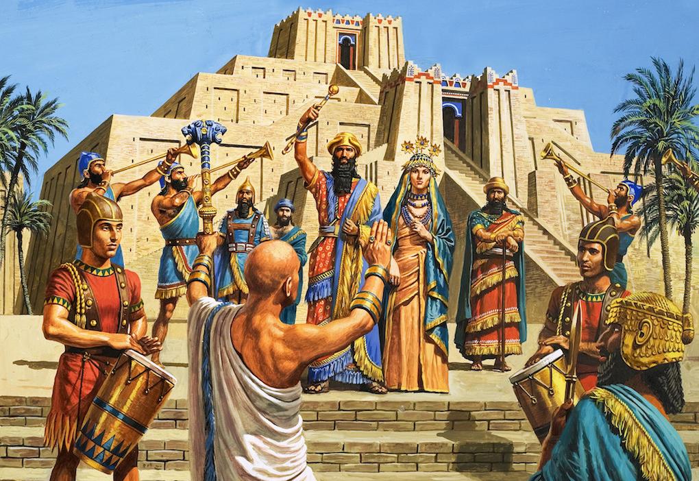 Sargon the Great standing outside his temple ziggurat