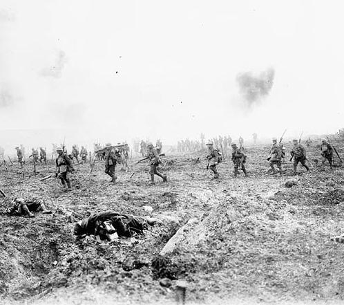 British soldiers advance through "No Man's Land"