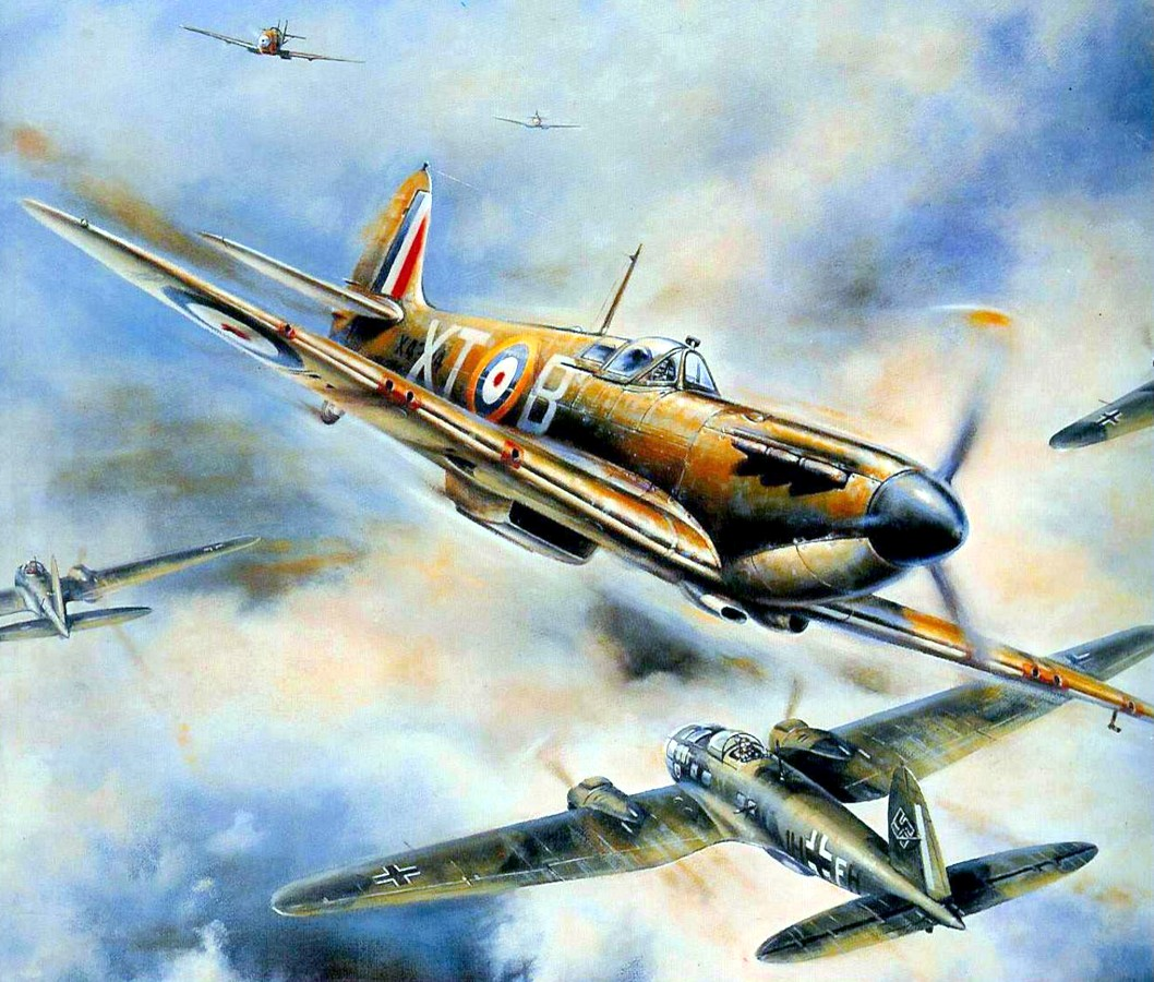 A British Spitfire flies among a squadron of German bombers