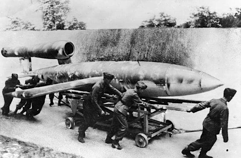 A German crew rolls out a V-1, ready for launching