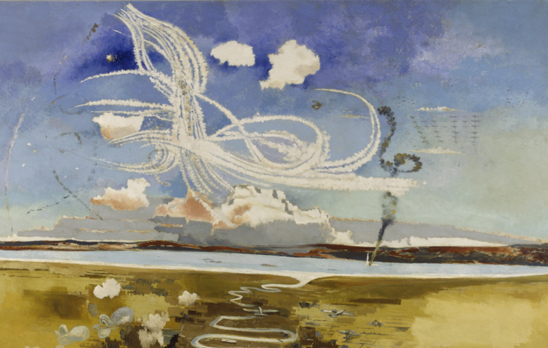 Battle of Britain, showing the trails of fighters as they engage in dogfights