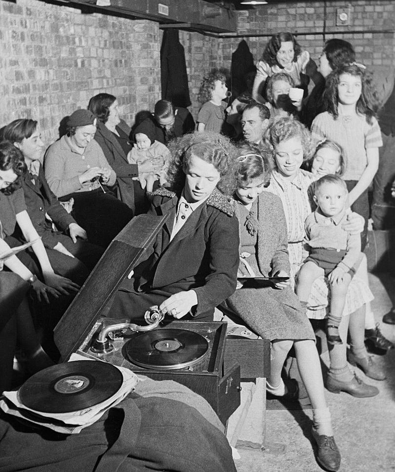 Enjoying music in an air raid shelter during the Blitz