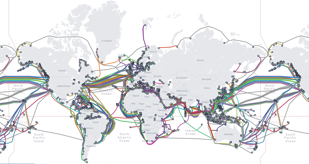 Map of undersea communications cables, as of January 2025