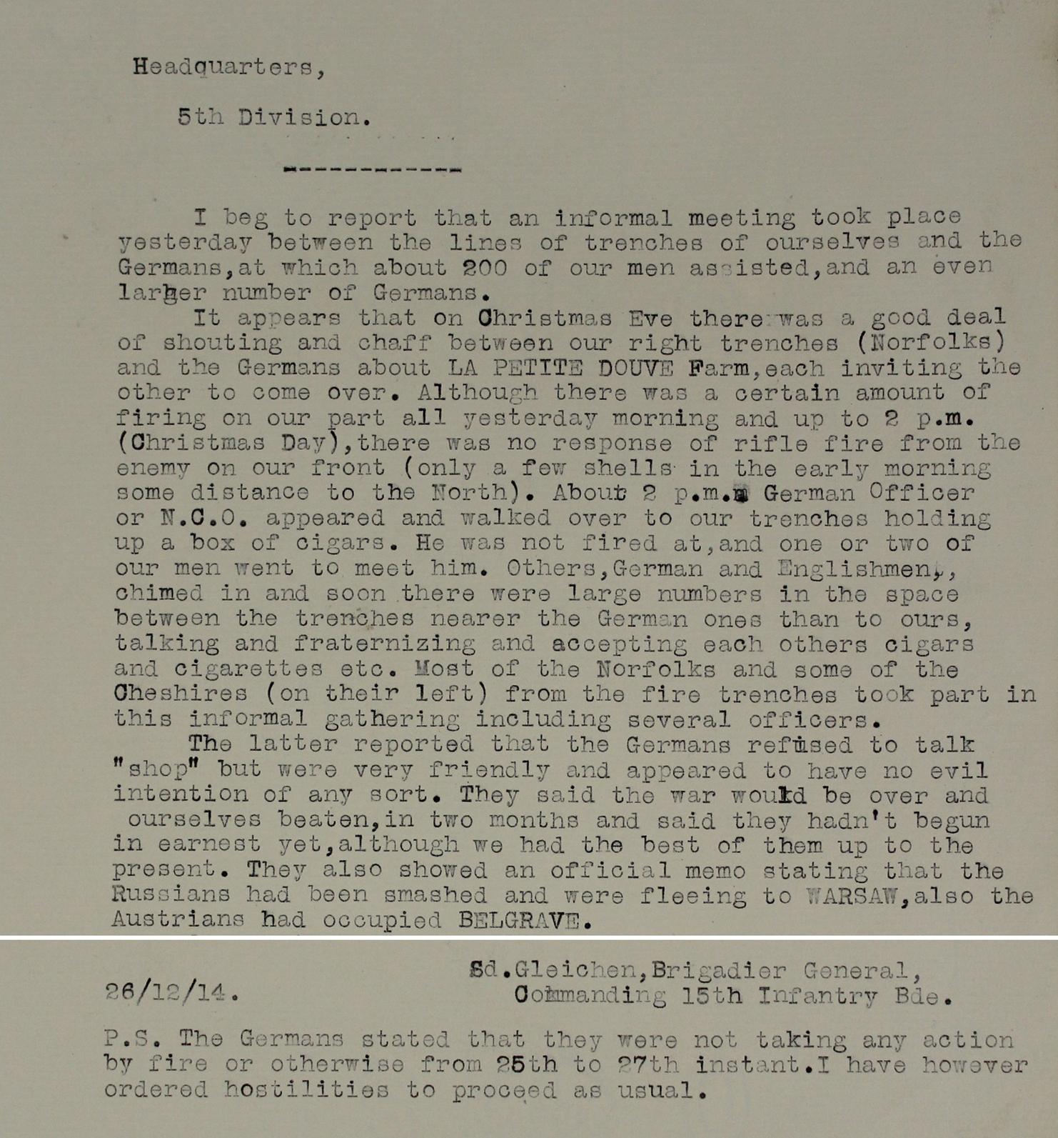 Report of Christmas Truce made by a British officer