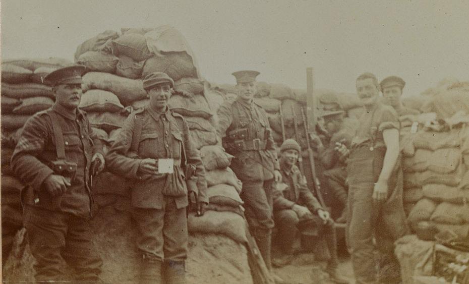 Soldiers in the trenches at Wolverghem, Belgium, 1915