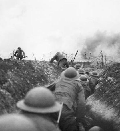 Men go over the top during a raid in Spring 1917