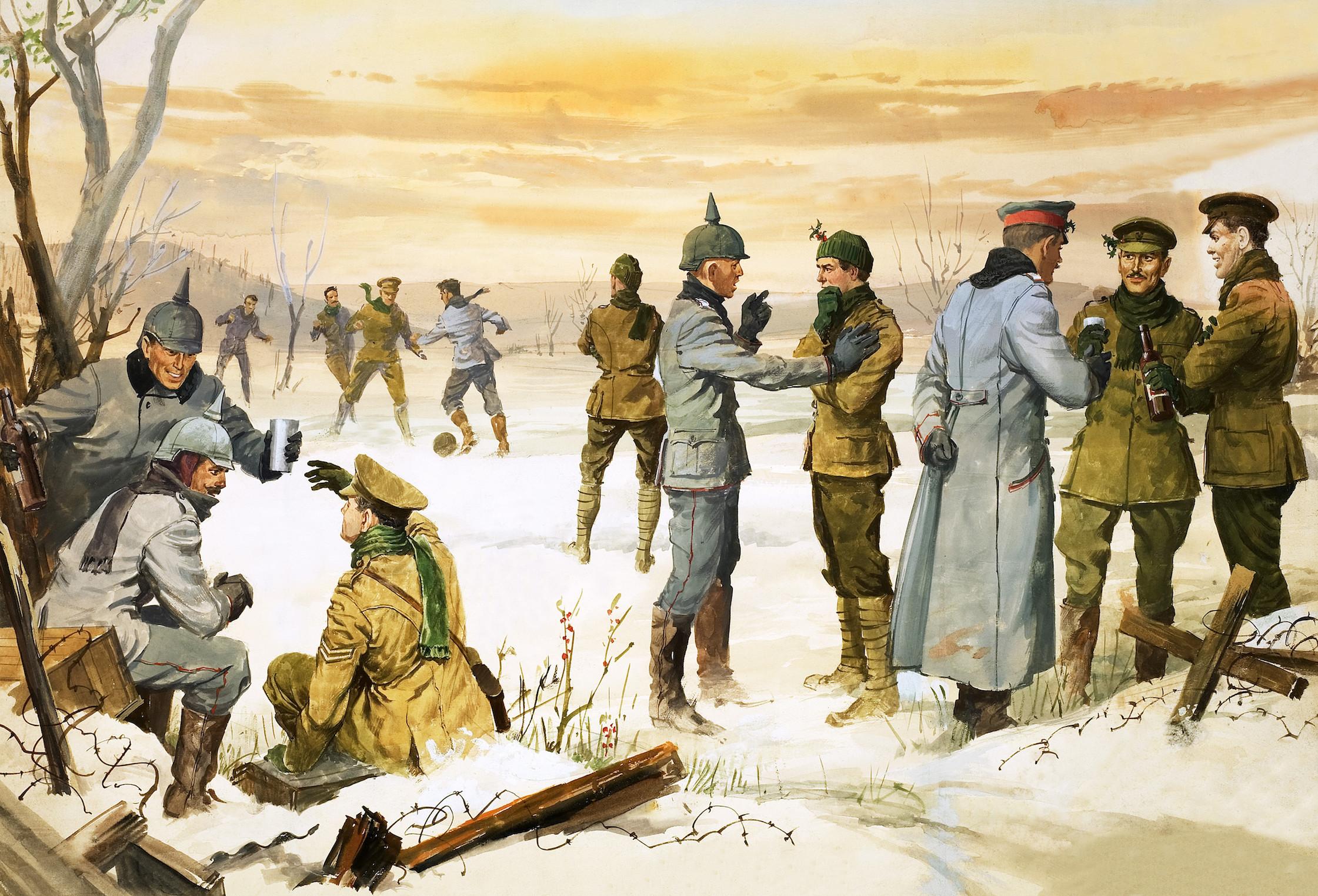 British and German soldiers mingle in No Man's Land, Christmas 1914