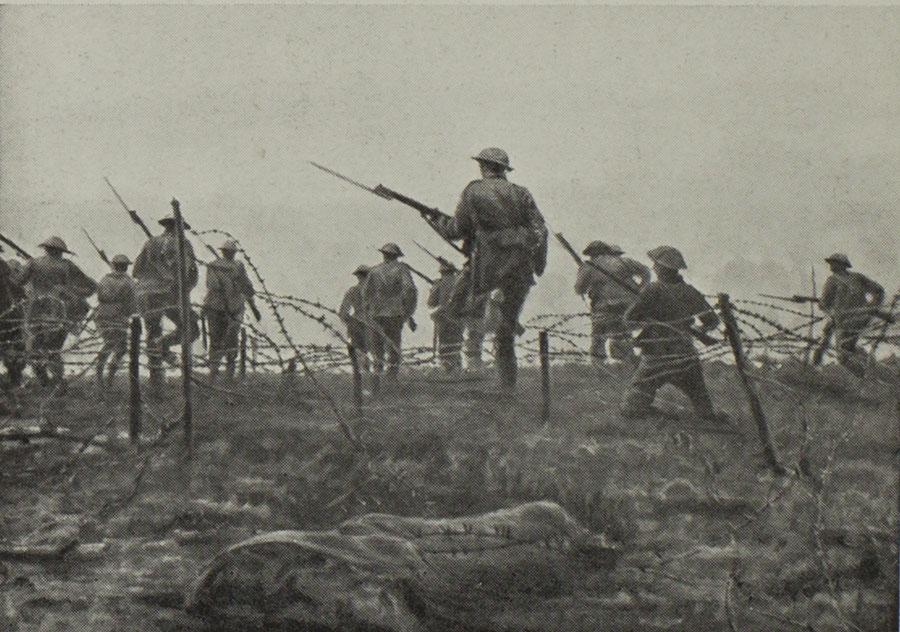 British soldiers advance across No Man's Land