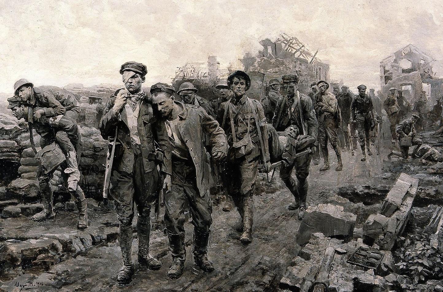 Wounded men return from the front line of battle during World War I.
