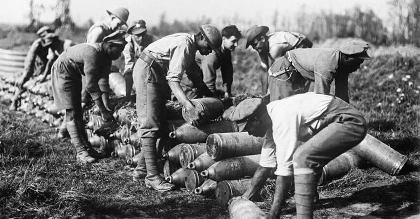 West Indian troops stacking shells at Ypres, October 1917