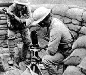 Preparing to fire a Stokes mortar from a trench