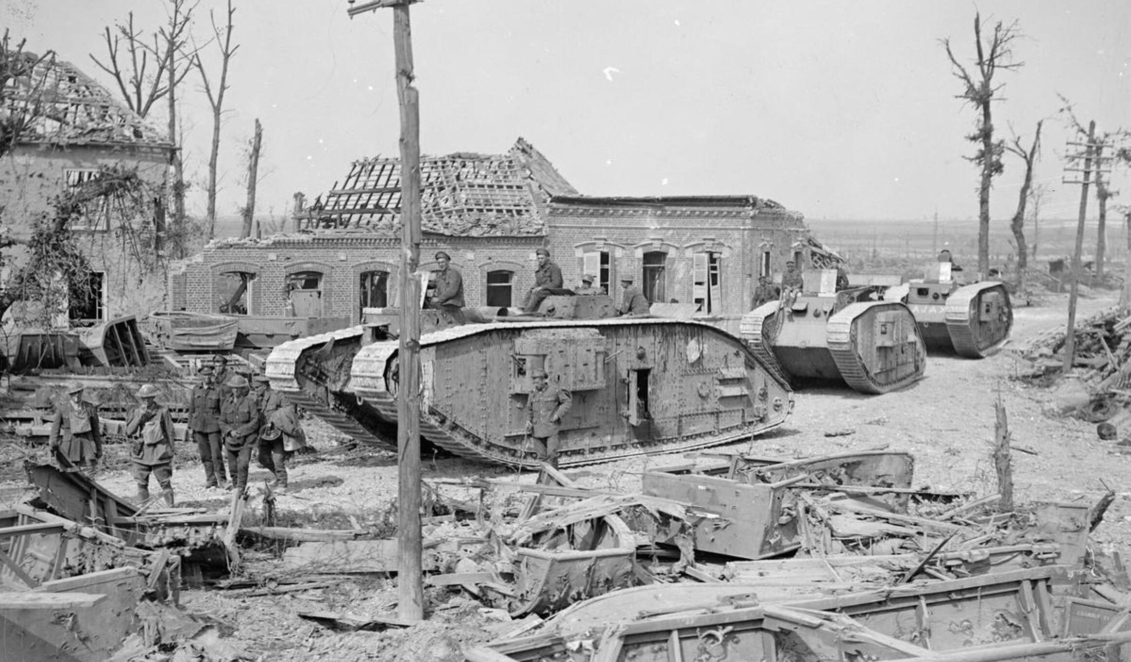 Mark V tanks in action during the Hundred Days Offensive