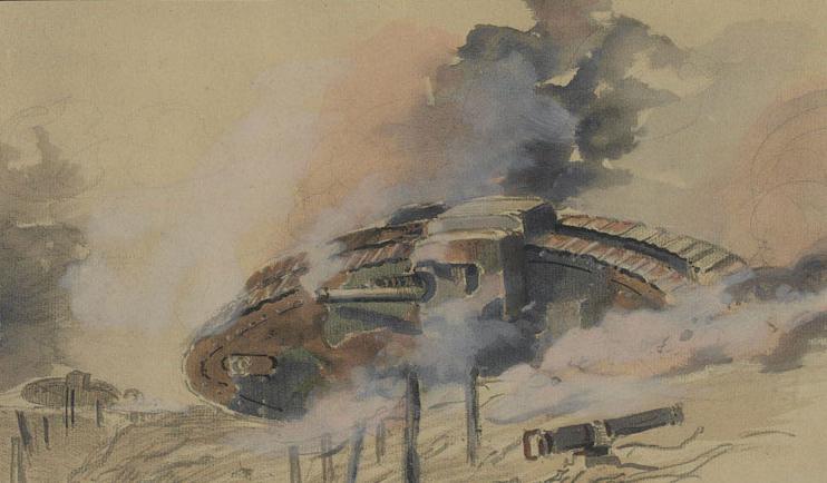Colour sketch of a tank at the Battle of the Somme