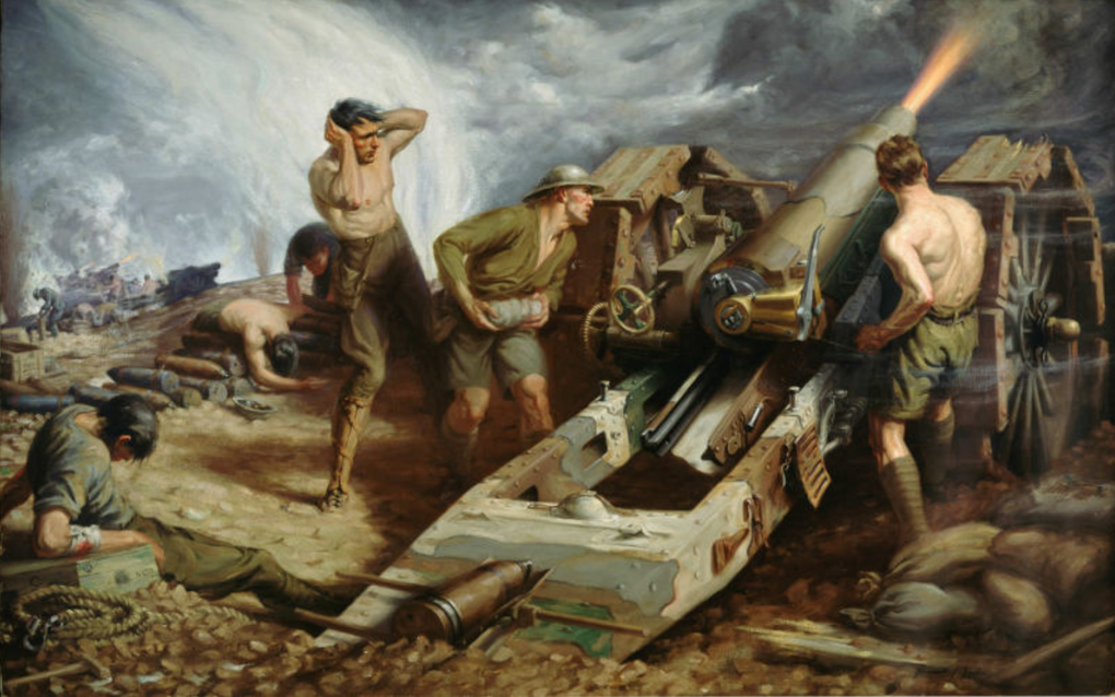 Gunners in action firing a howitzer