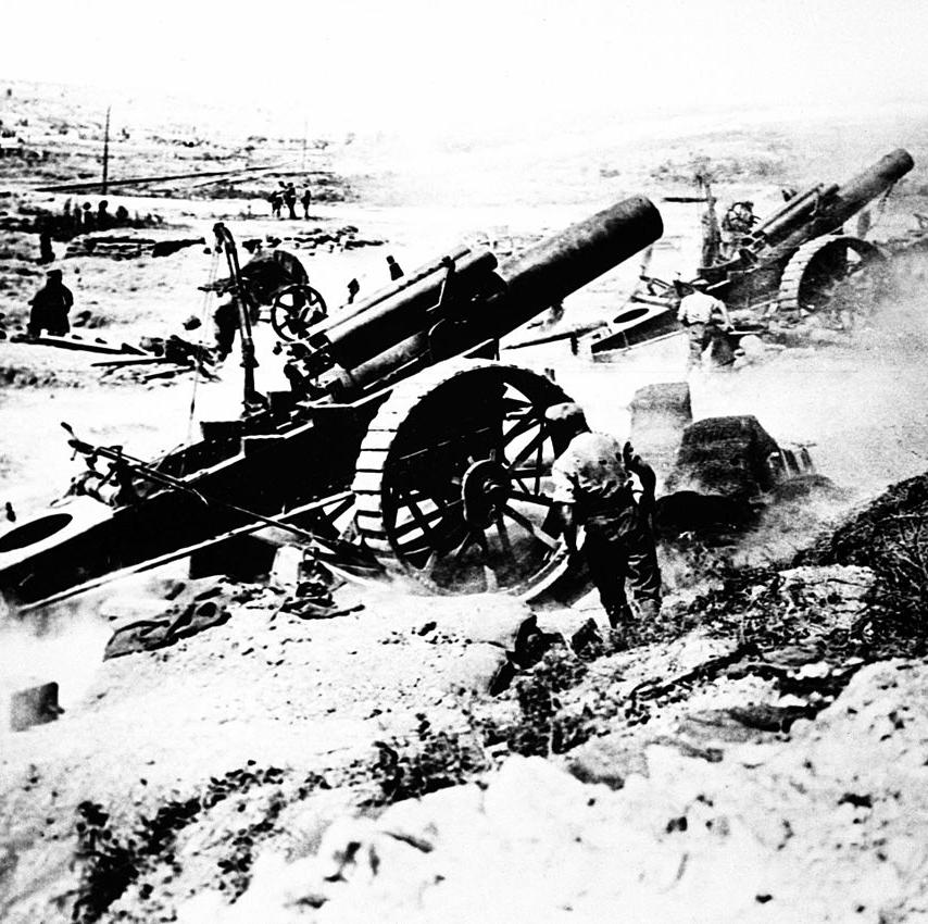 Three 8-inch howitzers firing during the Battle of the Somme