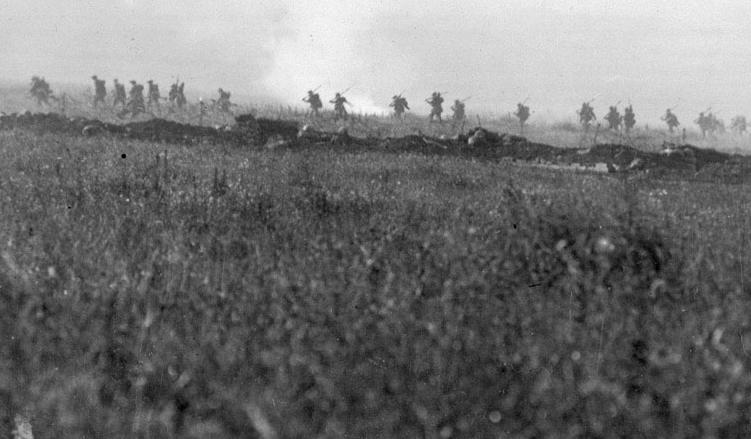 Infantrymen advance across No Man's Land during the Battle of the Somme