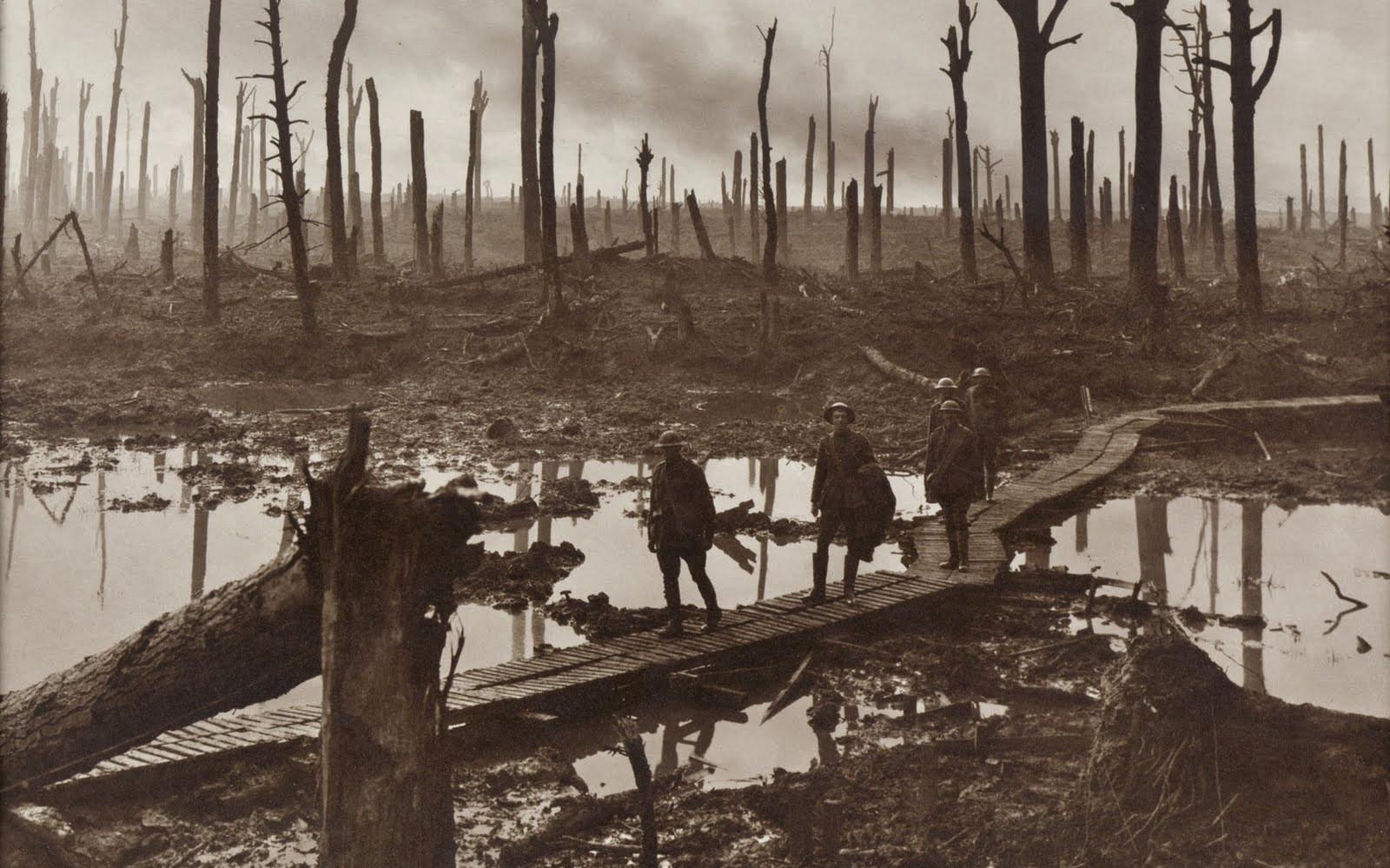 A duckboard track in Chateau Wood during the Battle of Passchendaele