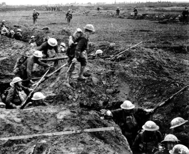 Scottish troops advance from trenches at the Battle of Arras