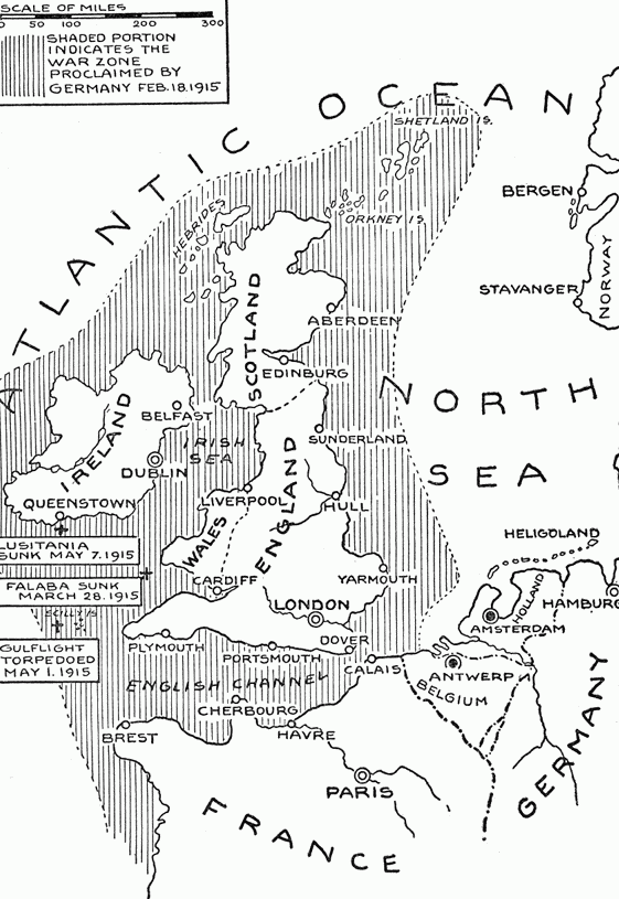 Areas of "unrestricted submarine warfare"