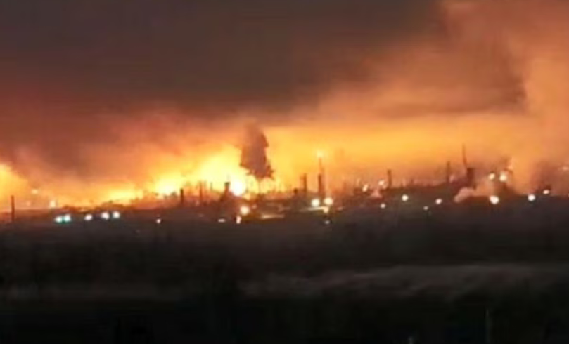 An oil refinery ablaze following a Ukrainian drone strike on the Nizhny Novgorod region, Russia, January 2025