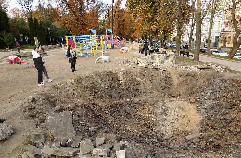 Bomb crater in a children's playground in Kyiv, October 2022