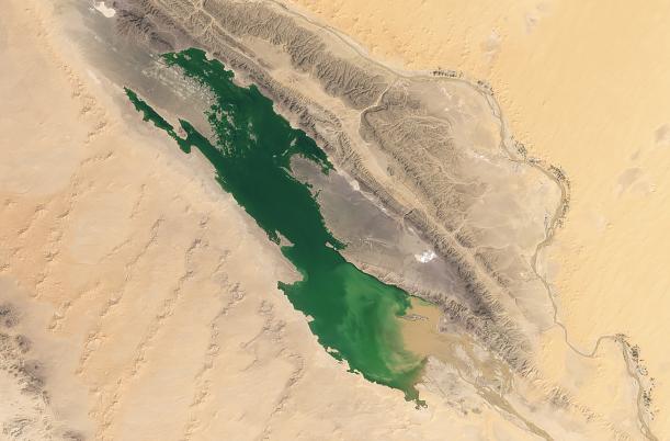 Sebkha el Melah, a lake in the Sahara Desert in Algeria that is normally dry, now partially filled with water after a period of heavy rainfall in September 2024