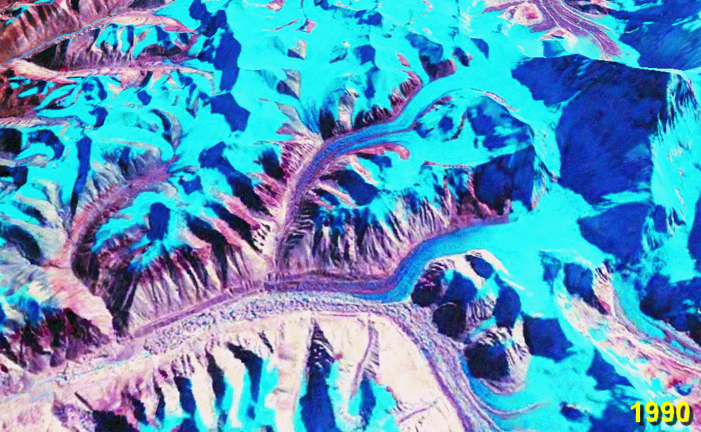 An animation showing the melting of the Rongbuk glacier, Tibet, in the years 1990, 2000 and 2010.