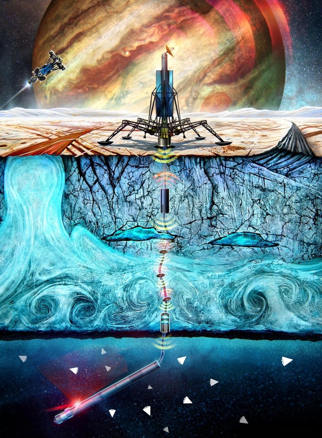 Cryobot releases a robot swarm into Europa's subsurface ocean